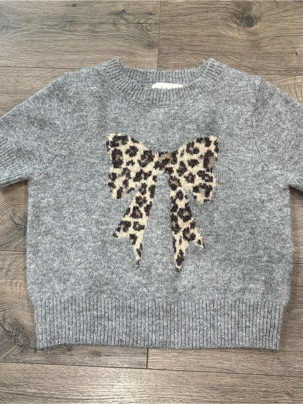 Gray Sweater with Leopard Bow Motif